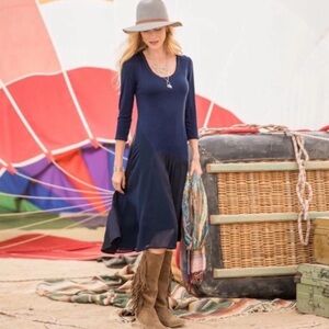 Sundance | Drop Waist Asymmetrical Hem Dress Size M Blue Pullover Stretch Frayed